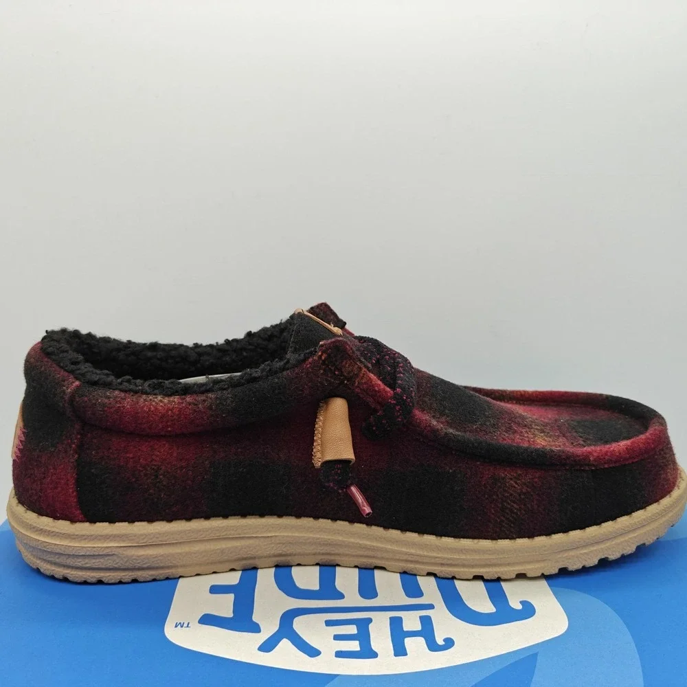 HEYDUDE Wally Cozy Plaid Men's Size 12 Red Plaid Black Slip On Shoes 44341-6RQ
